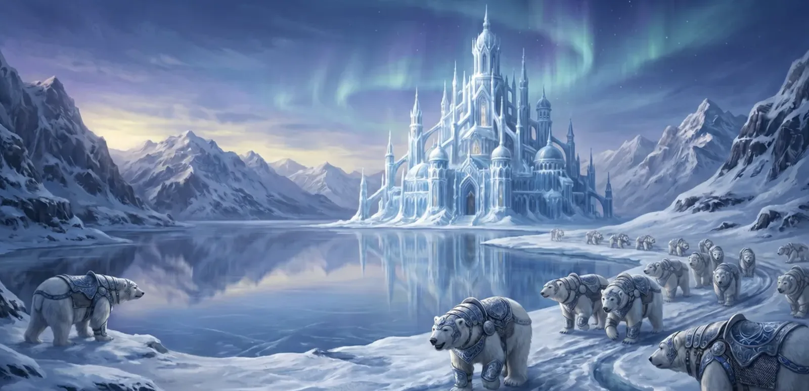A towering, exquisite palace carved from solid ice and snow, surrounded by a frozen lake and armored white bears.